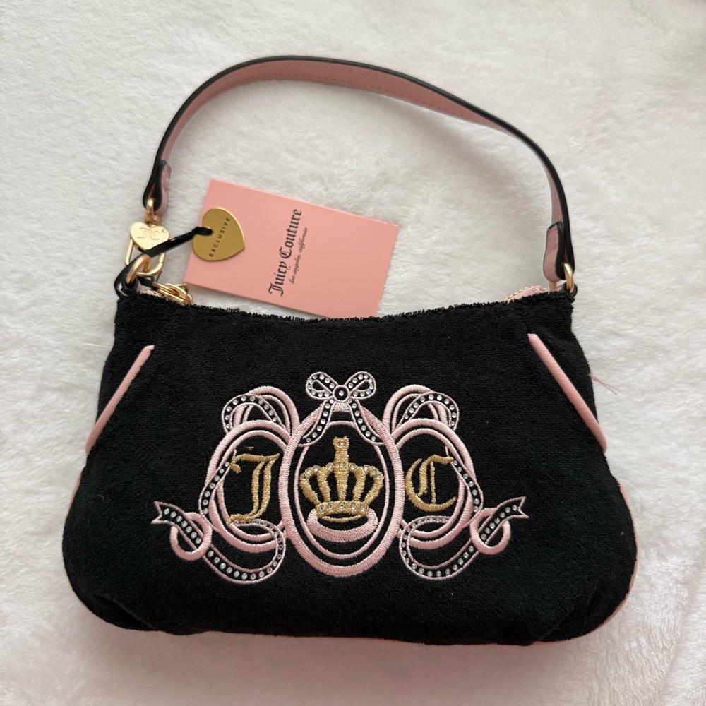 Juicy Couture Black Velour Crown Logo Shoulder Bag Y2K McBling Purse NWT